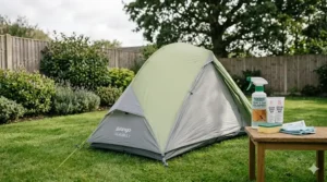 A tent pitched in a typical British garden to air-dry naturally after a full waterproofing treatment.