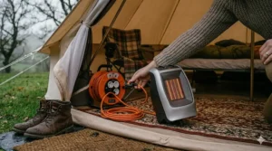 An electric camping heater being connected to an orange 230V electric hook-up cable reel inside a tent on a UK campsite.