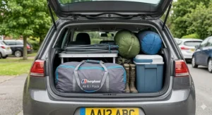 A large multi-room tent packed into its carry bag and placed in the boot of a standard UK family hatchback alongside other camping gear.