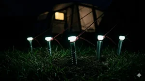 Luminous-topped tent pegs glowing at night to prevent tripping hazards around the guy lines of a campervan awning.