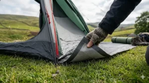 A close-up showing the durable weave of a heavy-duty polyethylene groundsheet designed to protect tent floors from sharp stones.