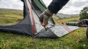 A top-down view of a camper correctly securing a tent footprint into the grass using galvanised steel pegs.