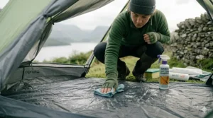A person crouched inside a tent cleaning and treating the heavy-duty groundsheet to stop rising damp.