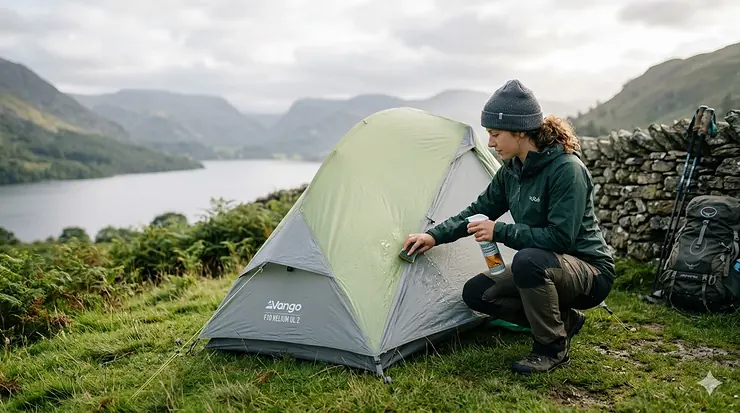 A person applying waterproof spray to a green Vango tent pitched in a scenic Lake District landscape.