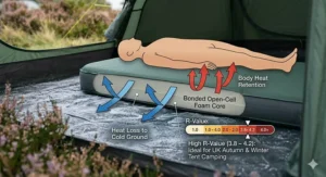 A performance guide for a camping mattress for a tent, showing heat retention and insulation R-values against cold ground during British autumn and winter.