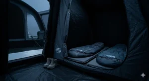 Interior view of the darkened Sleep-Tite blackout bedrooms in a Kampa tent, designed to block out early morning UK summer sunlight.