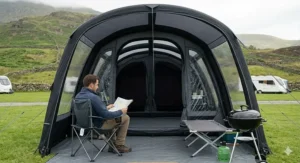 The large integrated front canopy of a Kampa tent providing a sheltered outdoor cooking area with a portable BBQ on a UK campsite.