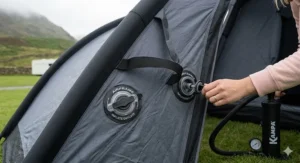 Close-up of the Kampa AirFrame inflation points on a high-quality family air tent showing the valve detail and Weathershield fabric.