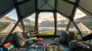Interior of a large geodesic family tent at a coastal UK campsite, looking out towards children playing on a pebble beach.