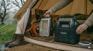 A person lifting a lightweight camping heater by its carry handle and placing another into a black storage bag for easy transport.