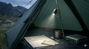 A lightweight clip-on torch illuminating an Ordnance Survey map and a wild camping permit inside a small trekking tent.