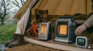A robust portable gas heater featuring a low oxygen sensor label, shown alongside an electric hook-up reel in a large tent.