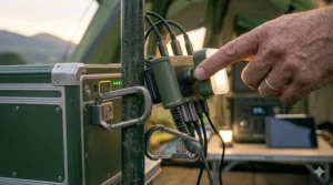 A magnetic LED light unit and carabiner clips attached to a metal tent pole for adjustable interior lighting.