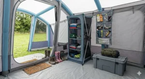 Inside a spacious multi-room tent living area with camping cupboards, rucksacks, and muddy wellies kept in a dedicated porch.