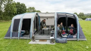 A bird's-eye view diagram of a 3-bedroom multi-room tent layout showing private sleeping pods and a communal porch.