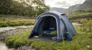 An aerial view of a vibrant community garden in a UK city, showing local residents tending to raised vegetable beds under a clear blue sky.