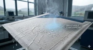 A high-resolution shot of a smartphone displaying a banking app interface, held by a person sitting on a colourful sofa in a cosy living room.