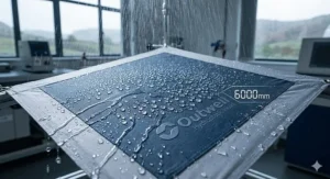 A professional woman in a navy blazer leading a presentation in a minimalist boardroom, gesturing towards a digital screen displaying growth charts.