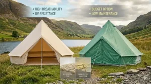 A side-by-side comparison of a breathable polycotton bell tent and a budget green polyester tent on a campsite.