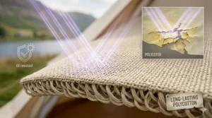 Technical comparison of UV resistance between a durable polycotton weave and degrading budget polyester fabric.