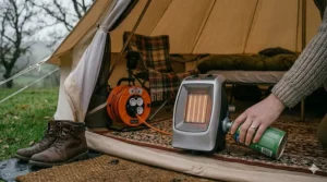 A high-detail shot of a portable gas heater being fitted with a butane canister, positioned safely on a heat-resistant mat inside a tent.