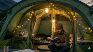 A man reading a book inside a tent illuminated by a warm LED camping lantern and hanging fairy lights.