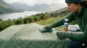 Wiping away excess droplets of waterproofing liquid from the tent surface with a microfibre cloth.