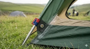A macro close-up of a reinforced tent corner showing the durable ripstop fabric weave, taped internal seams, and a robust metal eyelet.