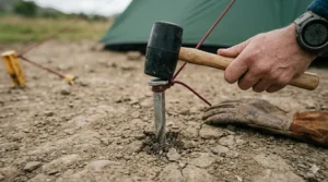 A camper using a rubber mallet to drive a heavy-duty metal peg into a grassy pitch at a UK campsite.