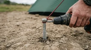 Modern screw-in tent pegs being inserted into the ground using an electric drill for a secure pitch.