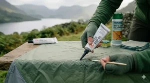 A close-up showing the application of seam sealer to the internal stitched edges of a tent to prevent leaks.