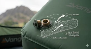 A detailed close-up of a self-inflating camping mattress valve with a diagram showing the internal foam expansion mechanism and airflow.