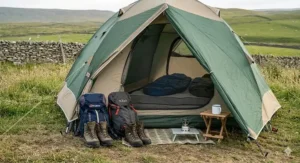 A close-up of the tent's large porch vestibule area in the Yorkshire Dales, with two rucksacks and muddy walking boots stored securely under the flysheet.