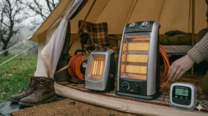 A side-by-side comparison of two different sized electric tent heaters, showing a compact ceramic model and a taller upright fan heater.