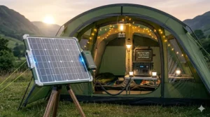 A solar panel charging a portable power station outside a green tent during a sunset in the UK Highlands.