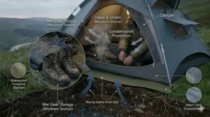 Muddy walking boots and wet waterproof jackets stored in the porch area to prevent humidity levels from rising inside the sleeping compartment.