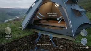 A waterproof footprint being laid beneath a tent groundsheet to block rising damp from saturated UK soil.