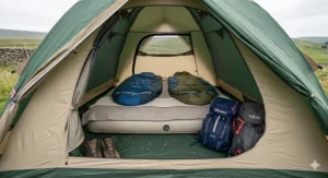 A photorealistic 4K interior view of a couples' tent showing a double airbed with two rucksacks and two pairs of hiking boots neatly stored inside the doorway.