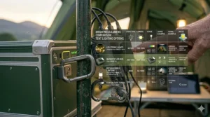 A digital overlay showing a brightness and lumens comparison chart for different types of LED tent lights.