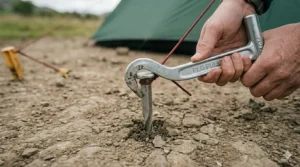 A metal tent peg extractor tool being used to pull a stubborn peg out of dry, compacted ground.