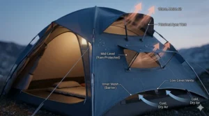 Close-up of open, rain-protected apex vents on a trekking tent, designed to increase airflow and reduce dampness inside the sleeping area.