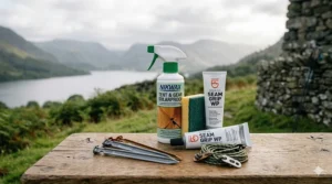 A collection of tent maintenance supplies including Nikwax proofer, Seam Grip, a sponge, and tent pegs on a wooden table.