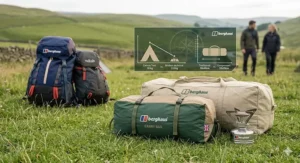 A technical comparison shot showing the lightweight 2.8kg modern tent next to a traditional 18kg canvas pack to highlight portability for UK backpackers.