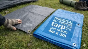 A side-by-side comparison of a blue universal tarp footprint and a grey brand-specific tailored groundsheet protector.