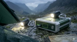 Waterproof IP65 rated LED lights and a power bank covered in raindrops during a wet camping trip in a British valley.