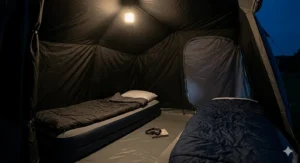Interior view of a multi-room tent featuring darkened 'Lights Out' fabric in the sleeping area to block early morning sun.