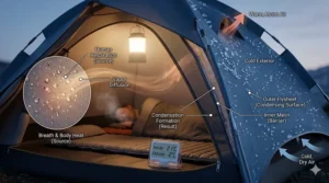 A detailed diagram showing how warm breath and body heat meet the cold flysheet fabric to create condensation during a night of UK wild camping.