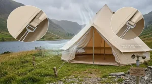 A polycotton tent secured with guy lines during high winds in the UK, featuring a wind speed anemometer.
