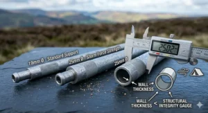 Comparison of different steel pole gauges, highlighting the 25mm thickness required for extreme UK weather conditions.