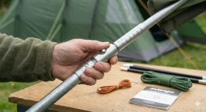 Telescopic adjustable replacement tent poles used for propping up a porch canopy or awning.